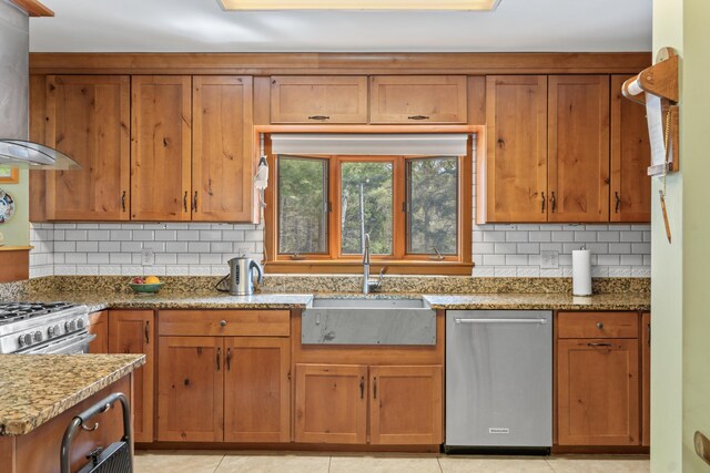 kitchen with wall chimney range hood, a sink, dishwasher, brown cabinetry, and decorative backsplash