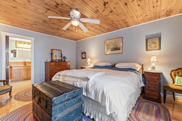 bedroom featuring ensuite bathroom, a ceiling fan, hardwood / wood-style flooring, and wooden ceiling