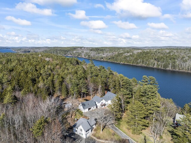 bird's eye view with a water view and a view of trees