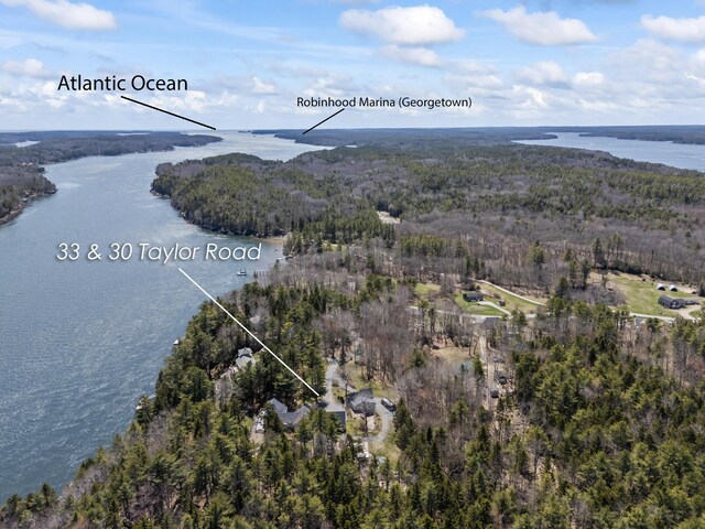 aerial view featuring a water view and a forest view