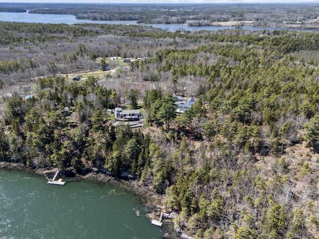 drone / aerial view with a water view and a wooded view