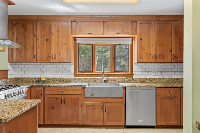 33 Taylor Rd, Westport Island, ME 04578 - kitchen featuring dishwasher, wall chimney exhaust hood, decorative backsplash, and brown cabinetry