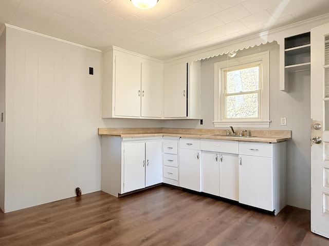 171 Granite St, Mexico, ME 04257 - kitchen featuring a sink, light countertops, ornamental molding, and dark wood-style floors