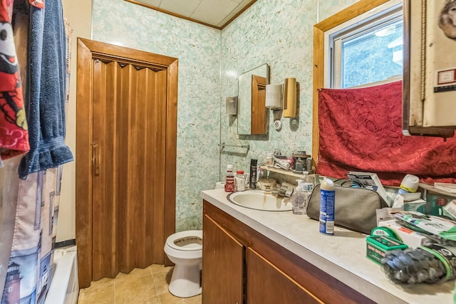 full bathroom with tile patterned flooring, crown molding, vanity, and wallpapered walls