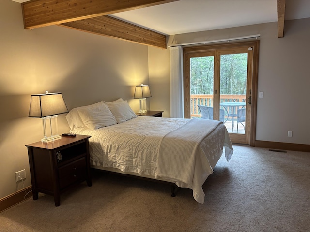 1 Mccracken Ln, Bristol, ME 04539 - carpeted bedroom with beamed ceiling, access to exterior, and baseboards