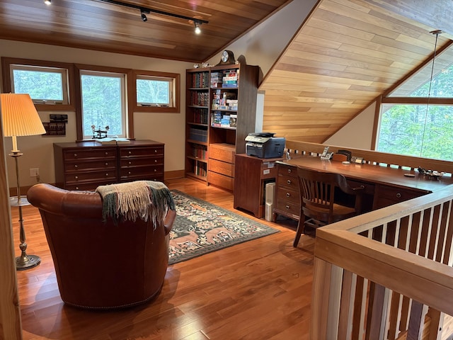 1 Mccracken Ln, Bristol, ME 04539 - office space featuring wooden ceiling, lofted ceiling, track lighting, wood finished floors, and baseboards