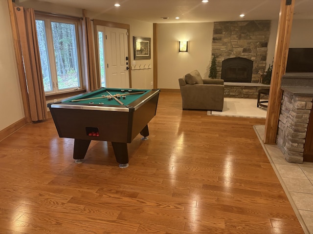 1 Mccracken Ln, Bristol, ME 04539 - playroom featuring a fireplace, light wood-style flooring, baseboards, billiards table, and recessed lighting