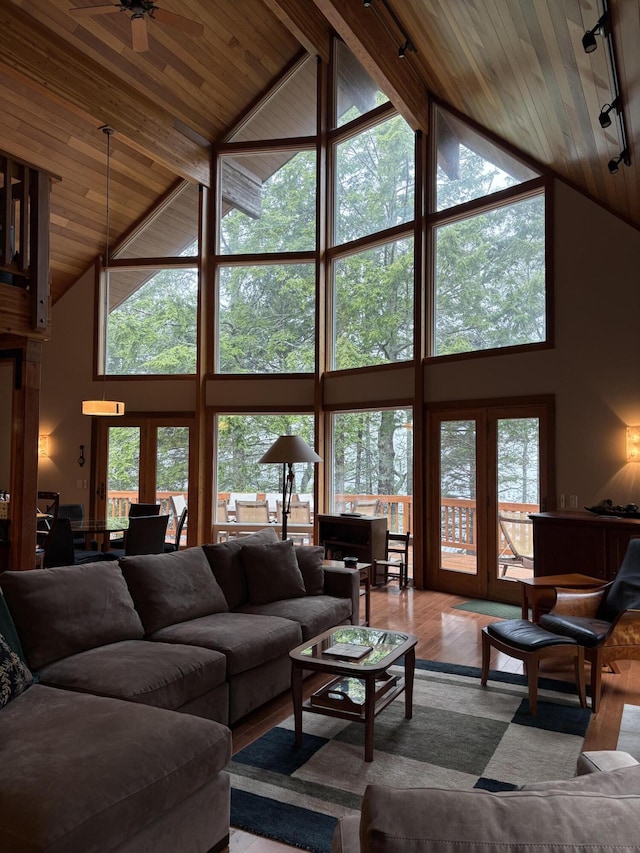 1 Mccracken Ln, Bristol, ME 04539 - living room with high vaulted ceiling, wood ceiling, wood finished floors, rail lighting, and a ceiling fan