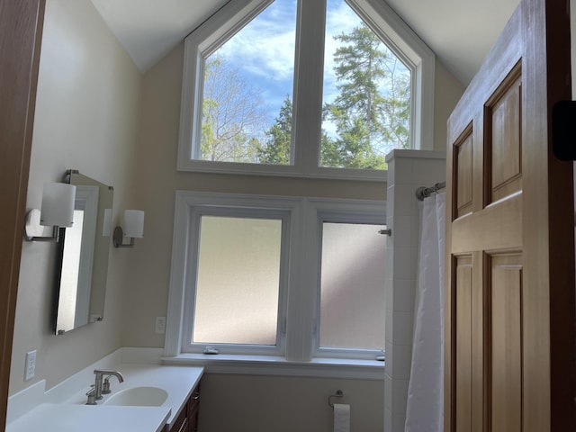 1 Mccracken Ln, Bristol, ME 04539 - full bath with vanity, a shower with curtain, and vaulted ceiling