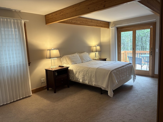 1 Mccracken Ln, Bristol, ME 04539 - bedroom with access to outside, carpet flooring, beamed ceiling, and baseboards