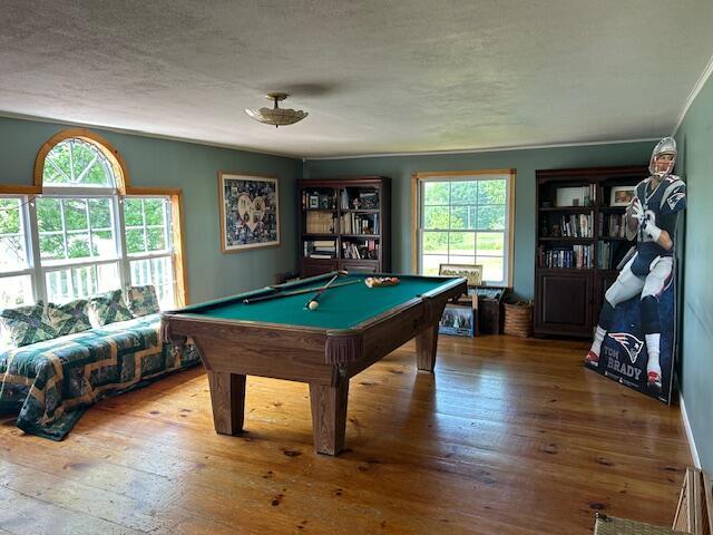 game room with pool table, plenty of natural light, and hardwood / wood-style flooring