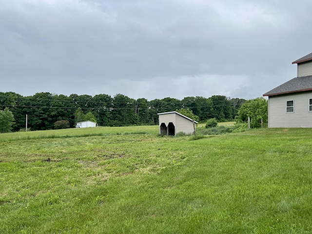 view of yard with a forest view and an outbuilding