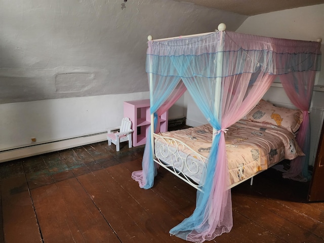 bedroom featuring a baseboard heating unit, lofted ceiling, and hardwood / wood-style flooring