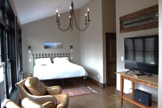 bedroom with high vaulted ceiling, a notable chandelier, concrete floors, and baseboards