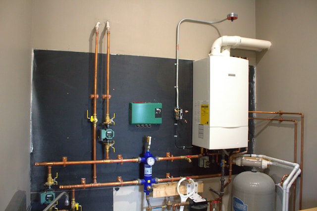 utility room with water heater