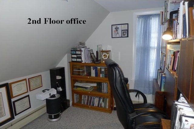 office featuring carpet floors, lofted ceiling, and a baseboard radiator