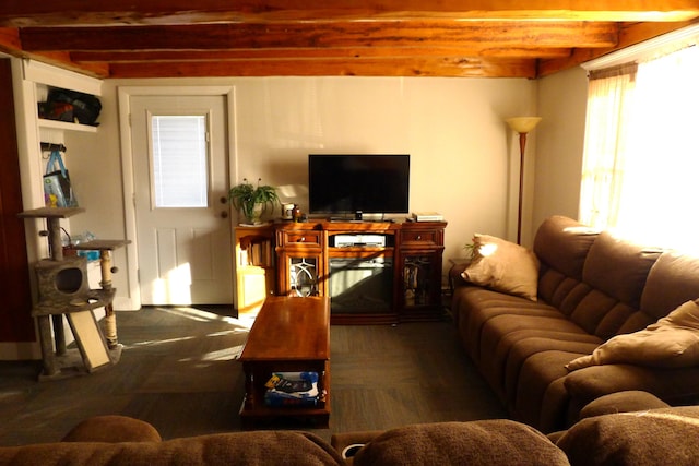 living room with beamed ceiling