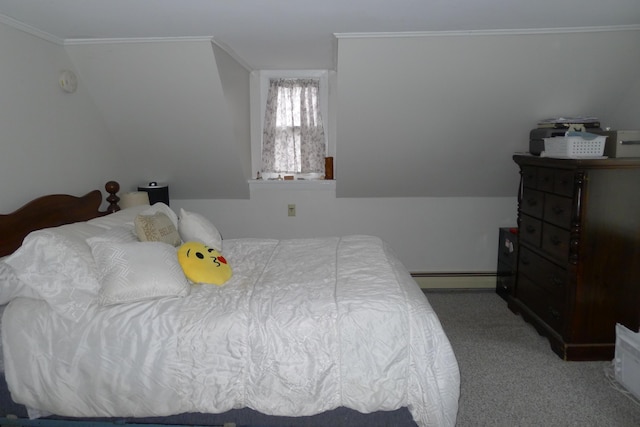 bedroom with carpet floors, a baseboard radiator, and ornamental molding