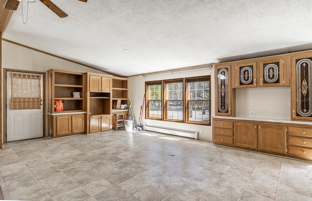 unfurnished living room featuring crown molding, ceiling fan, baseboard heating, a textured ceiling, and vaulted ceiling