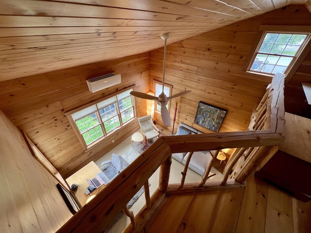 121 Jefferson St, Waldoboro, ME 04572 - staircase featuring vaulted ceiling, wood ceiling, and wooden walls