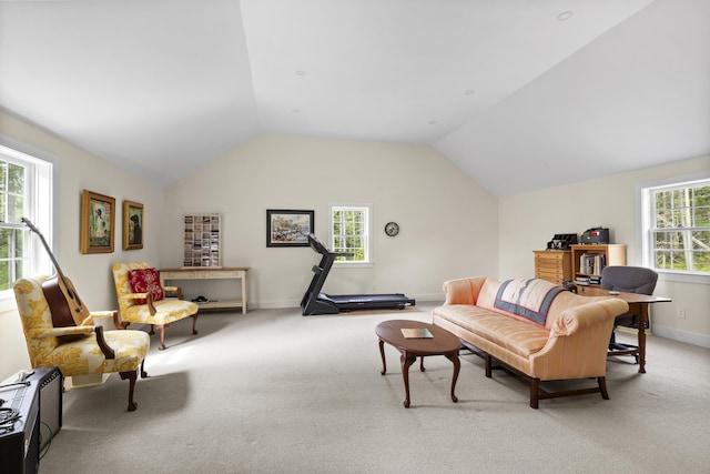 20 Campbell Rd, Southport, ME 04576 - carpeted living area featuring vaulted ceiling and baseboards
