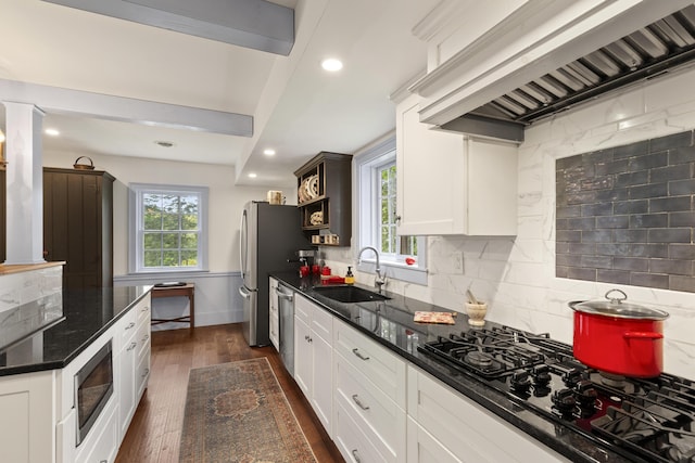 20 Campbell Rd, Southport, ME 04576 - kitchen featuring a sink, stainless steel appliances, tasteful backsplash, white cabinets, and custom range hood