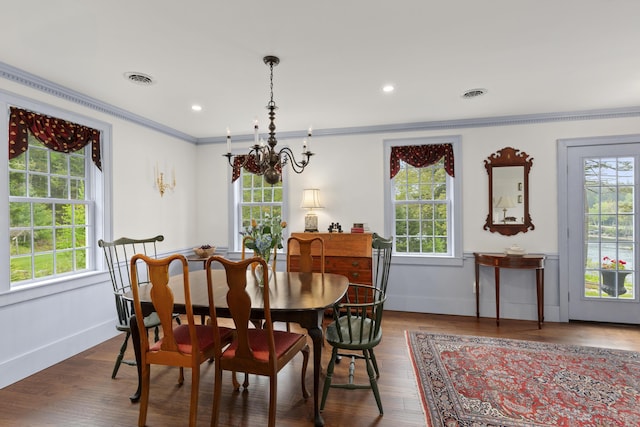 20 Campbell Rd, Southport, ME 04576 - dining area featuring crown molding, baseboards, dark wood-style flooring, and recessed lighting