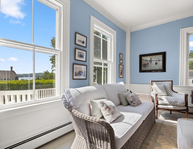 197A Perkins St, Castine, ME 04421 - living area featuring baseboard heating and ornamental molding