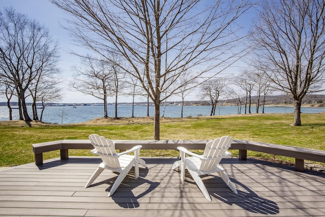53 Jameson Point Rd Unit 24, Rockland, ME 04841 - wooden terrace featuring a water view and a lawn