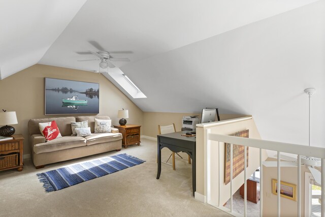 53 Jameson Point Rd Unit 24, Rockland, ME 04841 - interior space featuring ceiling fan, carpet, and vaulted ceiling with skylight