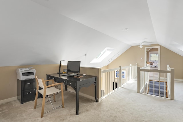 53 Jameson Point Rd Unit 24, Rockland, ME 04841 - carpeted home office featuring ceiling fan, baseboards, and vaulted ceiling with skylight