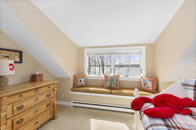 53 Jameson Point Rd Unit 24, Rockland, ME 04841 - bedroom featuring light colored carpet, lofted ceiling, and baseboard heating