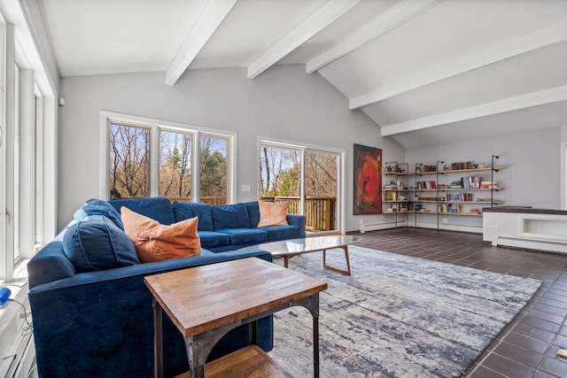 living room with vaulted ceiling with beams, a baseboard radiator, and tile patterned flooring