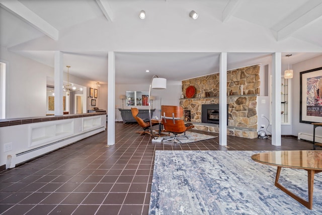 living area featuring a baseboard heating unit, vaulted ceiling with beams, an inviting chandelier, and a fireplace