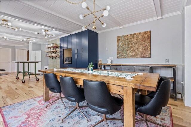 dining room featuring light wood-style floors, wood ceiling, beam ceiling, and a notable chandelier