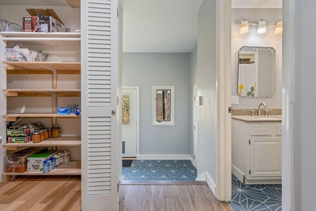interior space featuring baseboards, wood finished floors, and vanity
