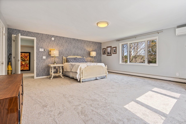 carpeted bedroom with baseboards, a baseboard radiator, wallpapered walls, and a wall mounted air conditioner