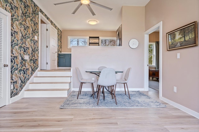dining area featuring baseboards, ceiling fan, wood finished floors, and a wealth of natural light