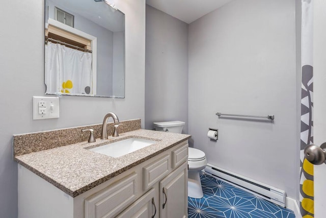 314 Meadow Rd, Topsham, ME 04086 - bathroom with baseboard heating, vanity, tile patterned floors, and curtained shower