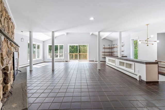 314 Meadow Rd, Topsham, ME 04086 - unfurnished living room featuring vaulted ceiling, baseboard heating, plenty of natural light, a chandelier, and recessed lighting