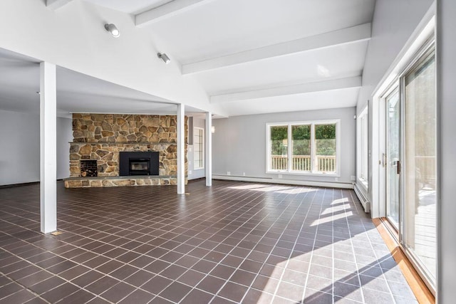 314 Meadow Rd, Topsham, ME 04086 - unfurnished living room featuring a fireplace, a baseboard radiator, and tile patterned floors