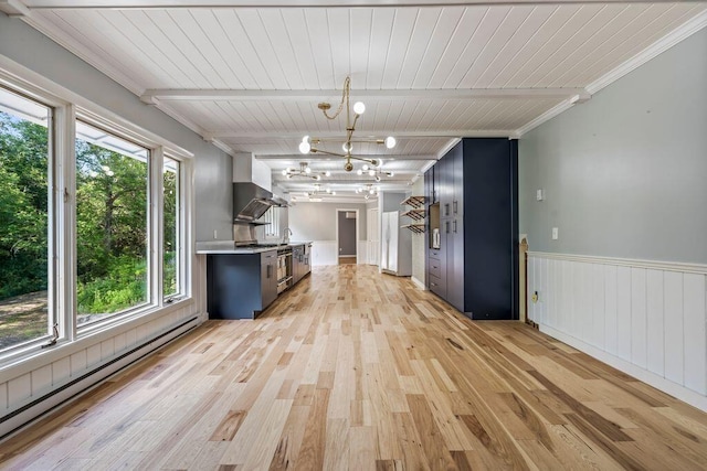314 Meadow Rd, Topsham, ME 04086 - kitchen with a baseboard radiator, light wood-type flooring, a chandelier, a wooden ceiling with exposed beams, and wall chimney exhaust hood