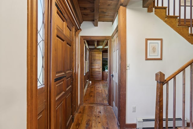 corridor featuring dark wood-type flooring, a baseboard radiator, stairs, and beamed ceiling