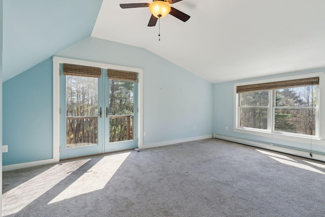 bonus room featuring carpet, baseboard heating, a ceiling fan, and lofted ceiling