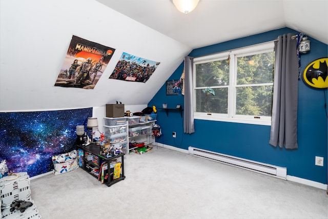 rec room featuring carpet floors, baseboard heating, and vaulted ceiling