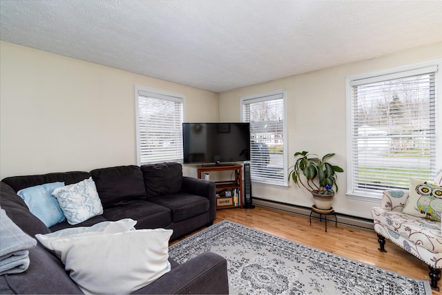 living area featuring a textured ceiling and wood finished floors