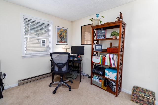 home office with carpet flooring, a textured ceiling, baseboards, and baseboard heating