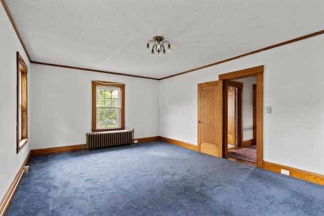 175 Summer St, Auburn, ME 04210 - spare room featuring radiator heating unit, carpet, crown molding, and a textured ceiling