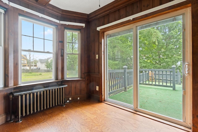 175 Summer St, Auburn, ME 04210 - doorway to outside featuring radiator heating unit, wooden walls, and wood finished floors