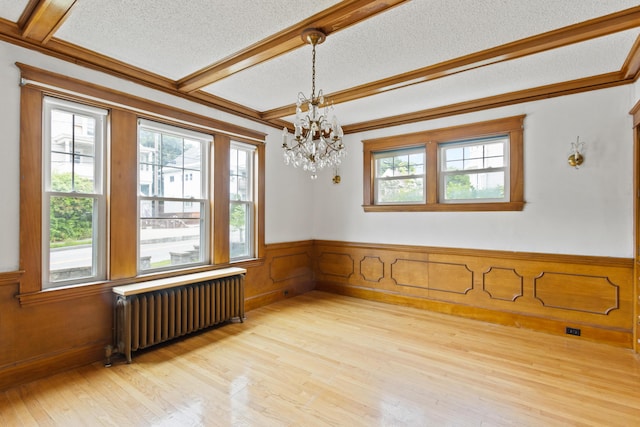 175 Summer St, Auburn, ME 04210 - unfurnished room featuring radiator, a chandelier, light wood finished floors, wainscoting, and a textured ceiling